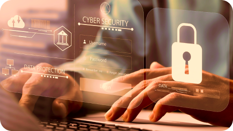 Mano escribiendo en un teclado con íconos digitales de candados y amenazas cibernéticas de fondo, representando el monitoreo continuo del deep y dark web con Cyber Threat Intelligence de Liberty Networks