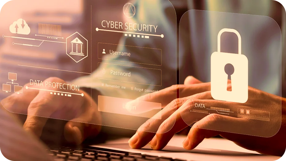 Mano escribiendo en un teclado con íconos digitales de candados y amenazas cibernéticas de fondo, representando el monitoreo continuo del deep y dark web con Cyber Threat Intelligence de Liberty Networks